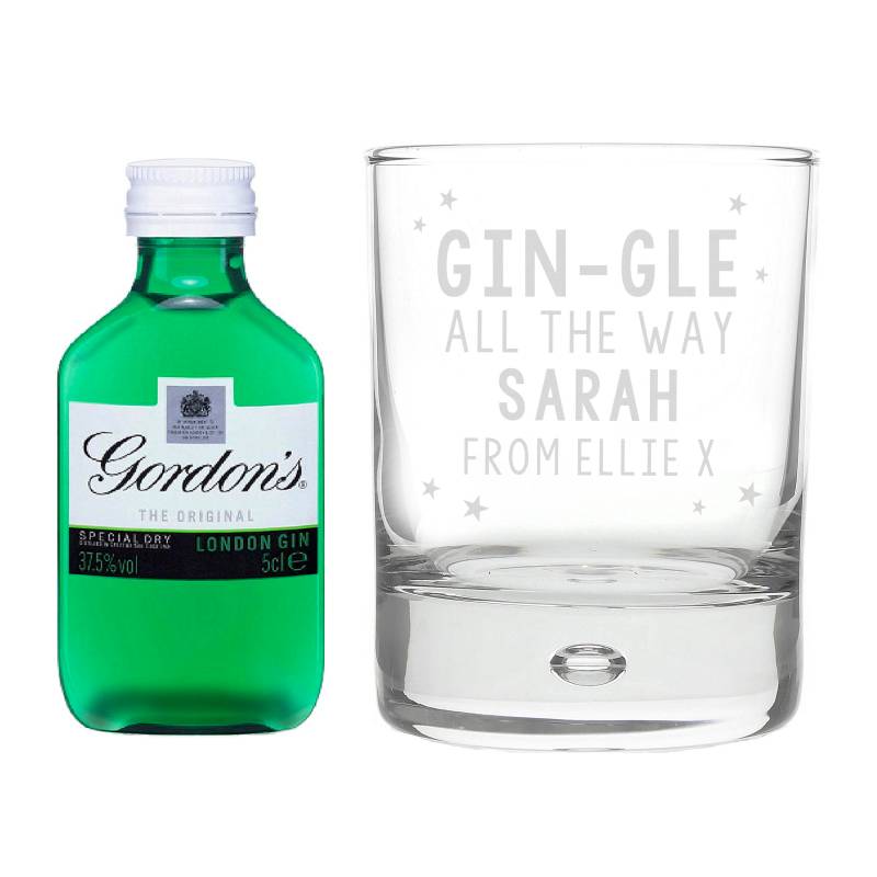 Personalised Gingle Bells Bubble Glass & Gin Minature Set